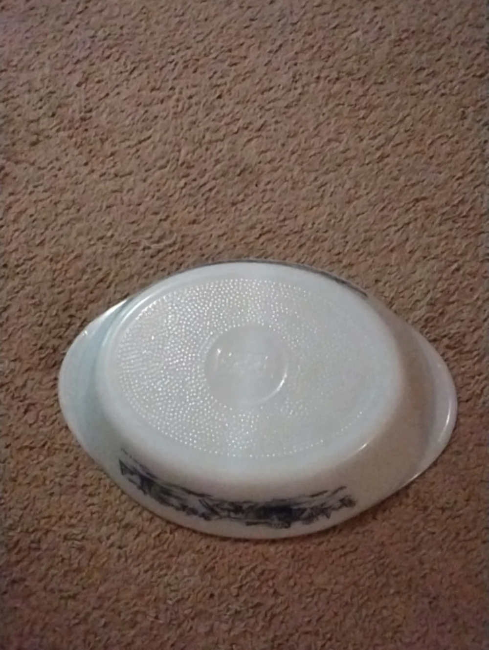 Glasbake White Divided Serving Dish with Currier And Ives Farm Scene